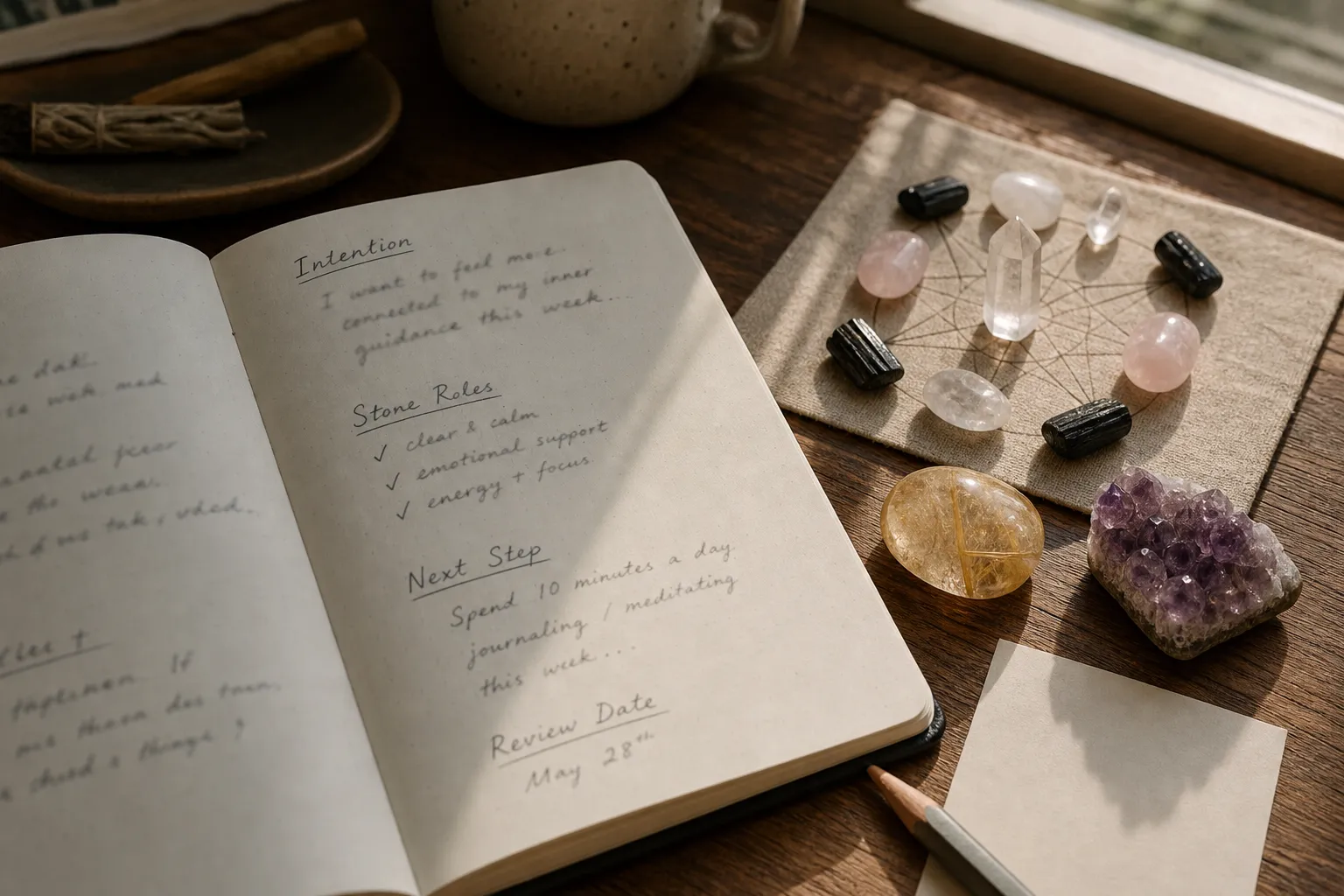 A journal beside a crystal grid noting the 2026 intention, stone roles, practical step, and review date