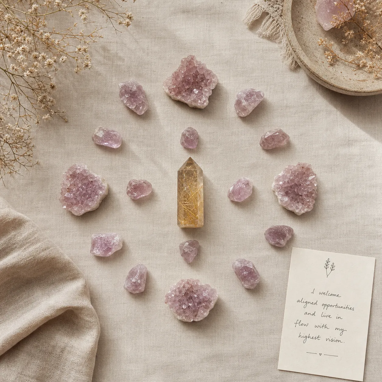 Golden Rutilated Quartz at the center of a simple 2026 manifestation grid with Pink Amethyst forming a calm surrounding field