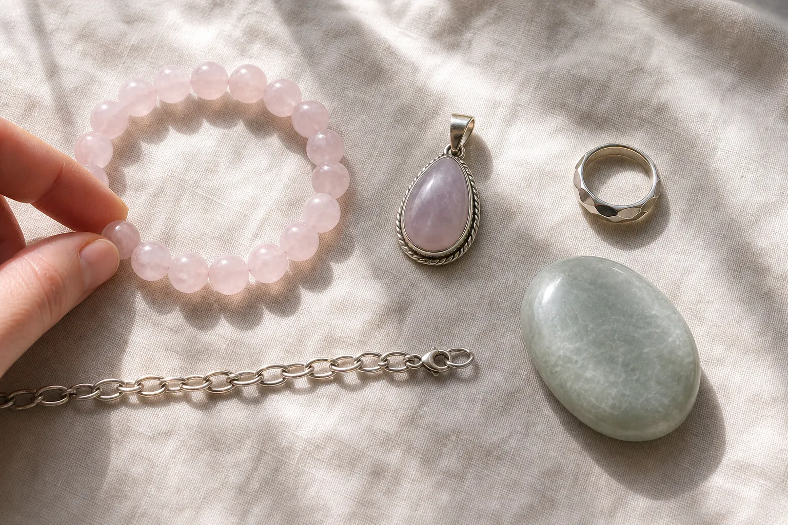 Several jewelry options with touchable points for a breathing count, including beads, a pendant, a ring, and a small stone