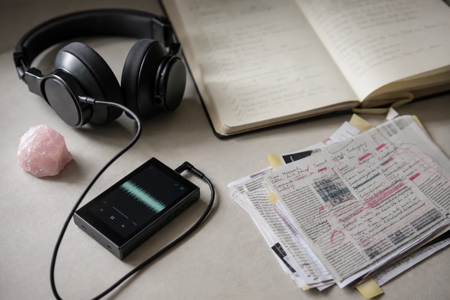 A calm listening scene with headphones, a notebook, and rose quartz showing 639Hz as a reflective support rather than proof of a result