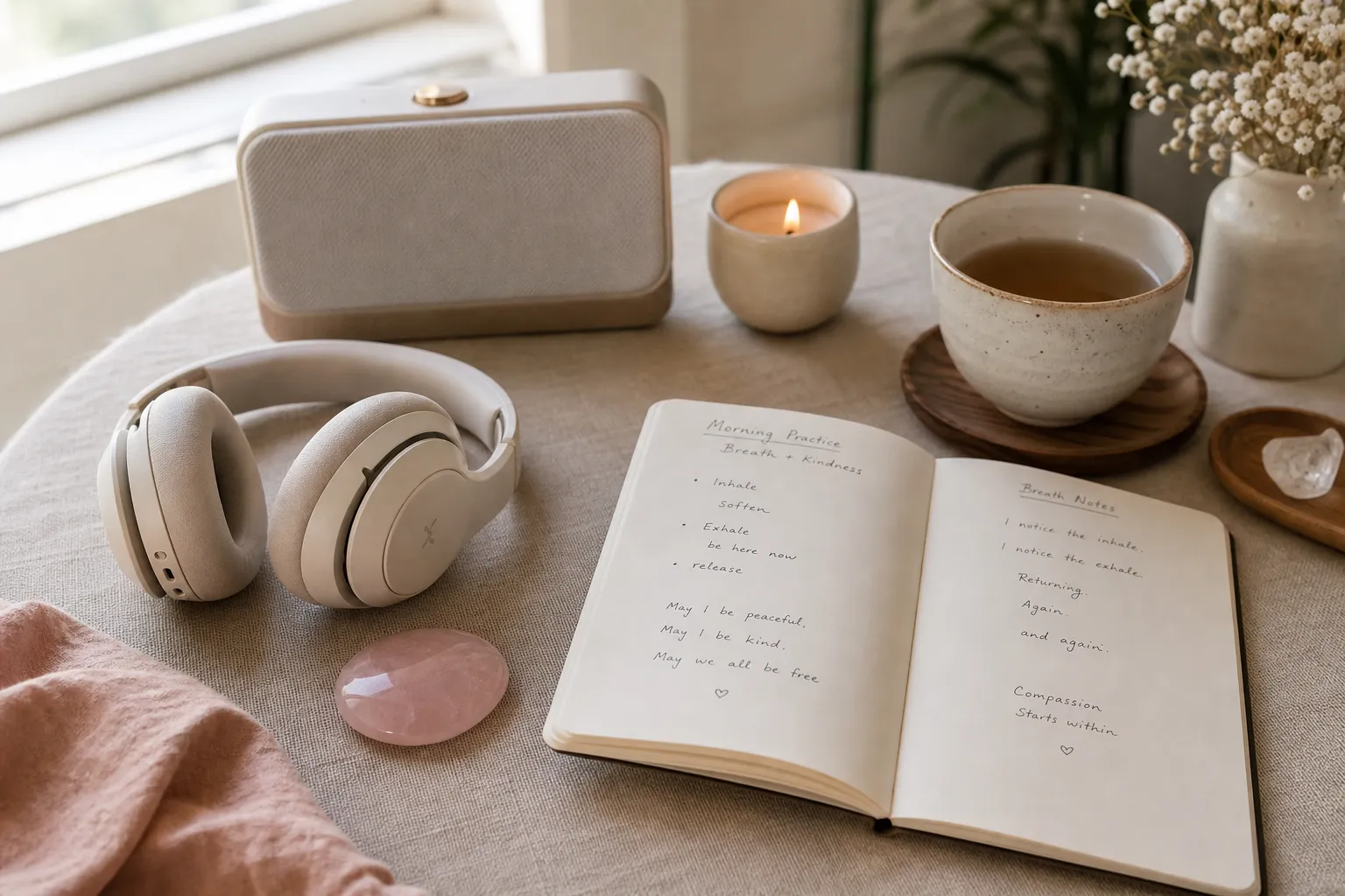 Rose quartz, a journal, and a quiet listening setup used as a grounded focus for 639Hz heart-centered meditation