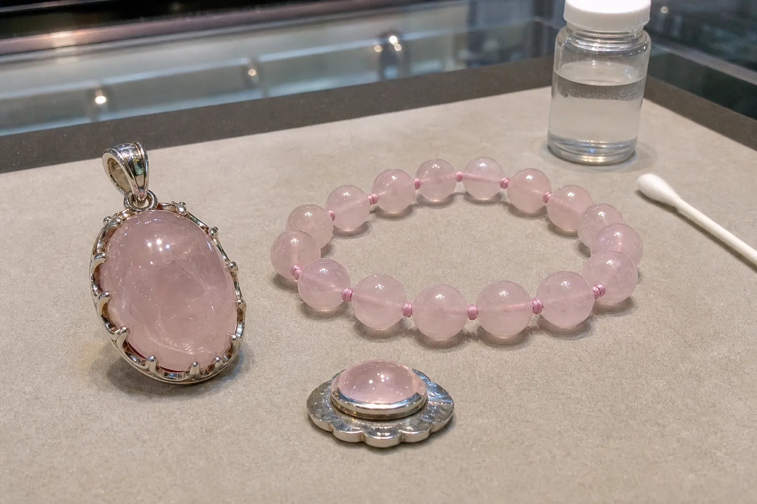 Mounted rose-quartz-like jewelry showing settings, glue, cord, and finishes that should not be tested with acetone