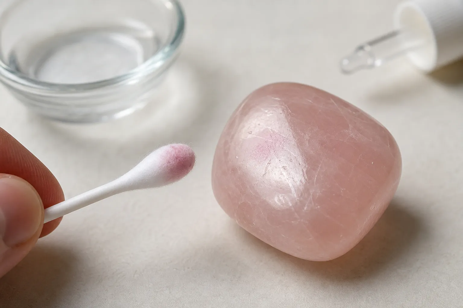 White cotton swab showing possible pink dye transfer beside a rose-quartz-like stone