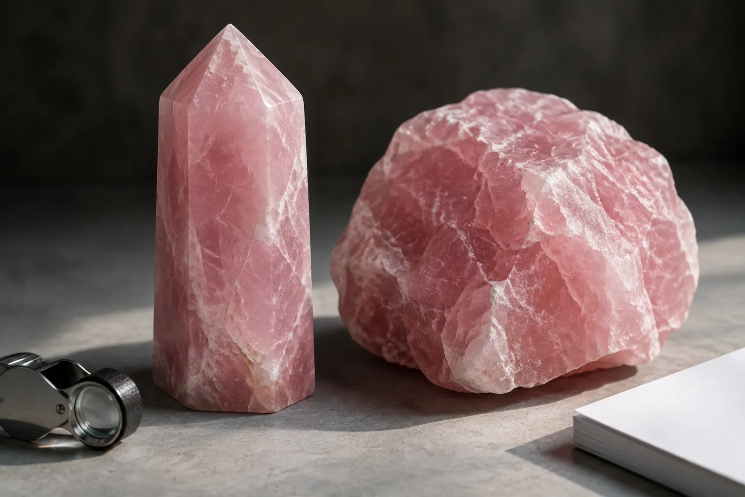 Polished pink tower and rough pink quartz-like chunk illustrating how shaped faces and irregular raw surfaces can blur form labels