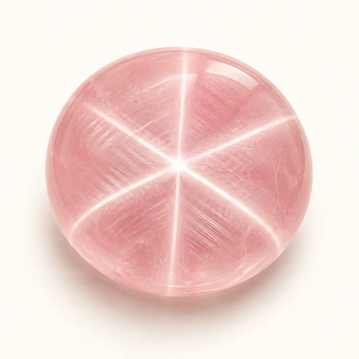 Diagram-like view of three crossing light bands forming six rays in star rose quartz