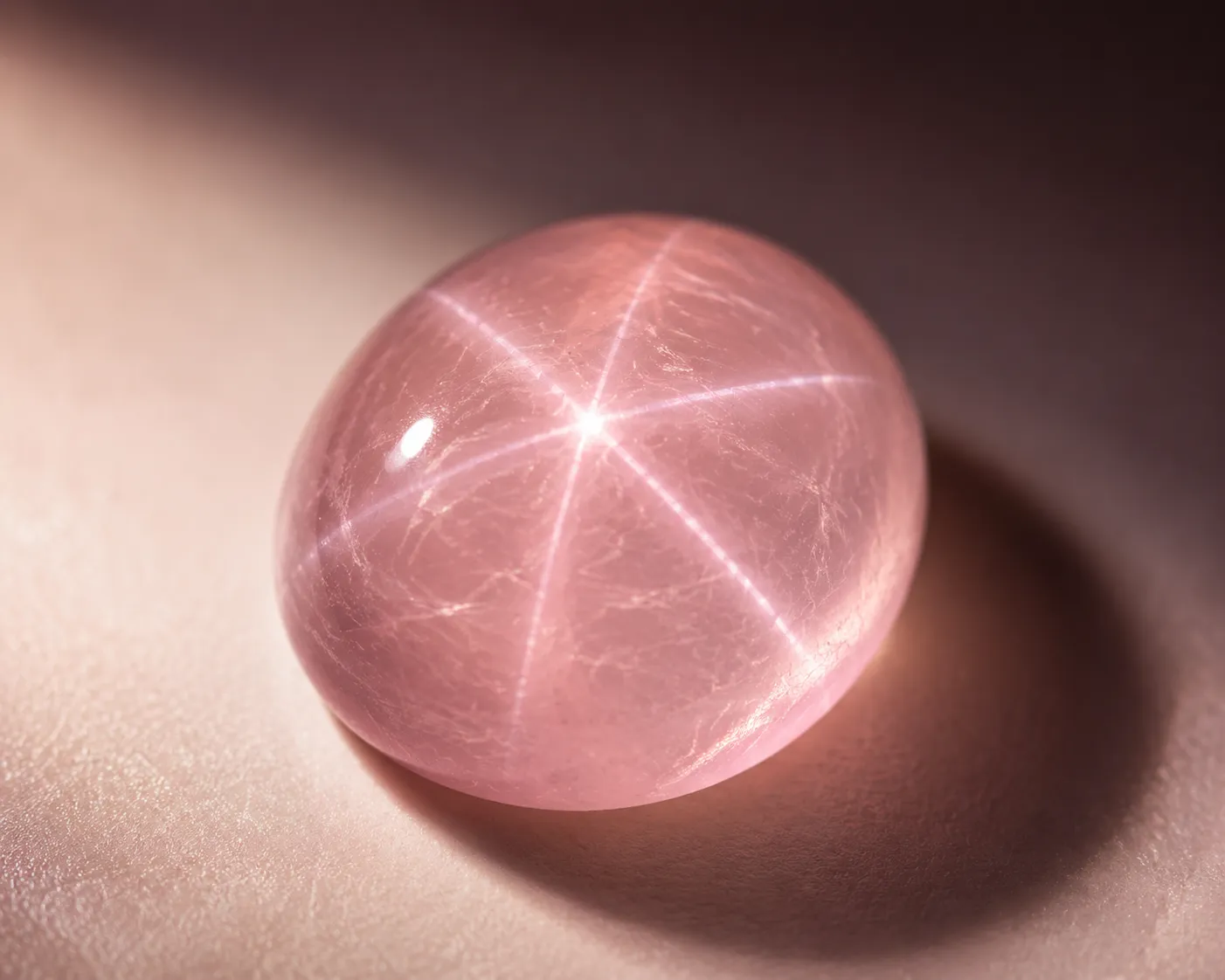 Star rose quartz cabochon showing a six-rayed asterism under a concentrated light source