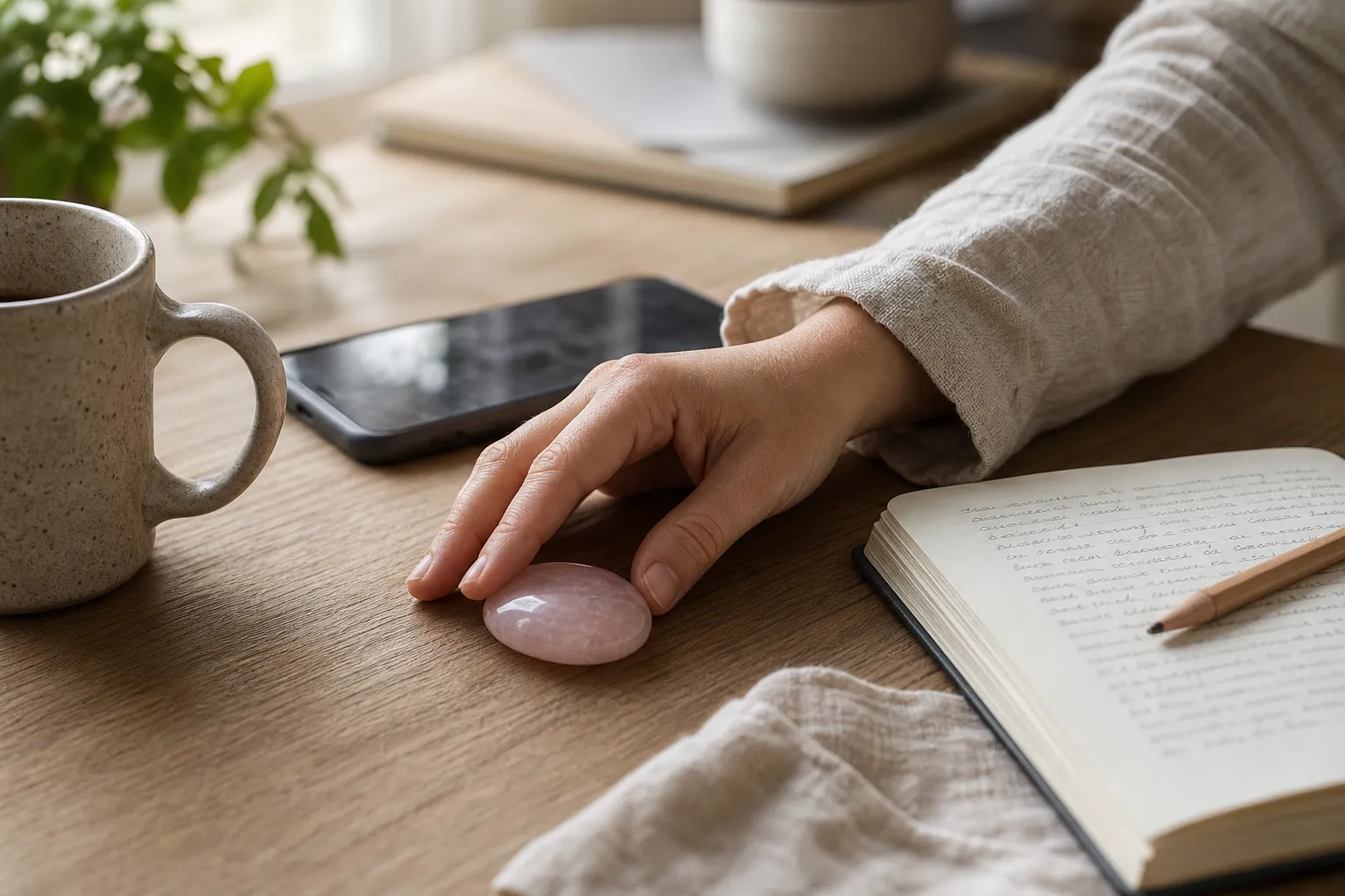 Rose quartz used as a tactile pause point beside a phone and journal rather than as a device shield