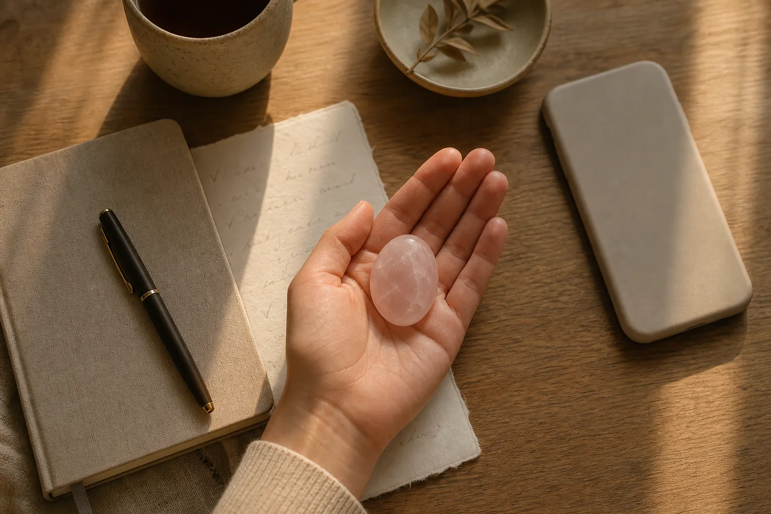 A rose quartz digital threshold with a closed journal, phone set aside, and a simple analog reset practice