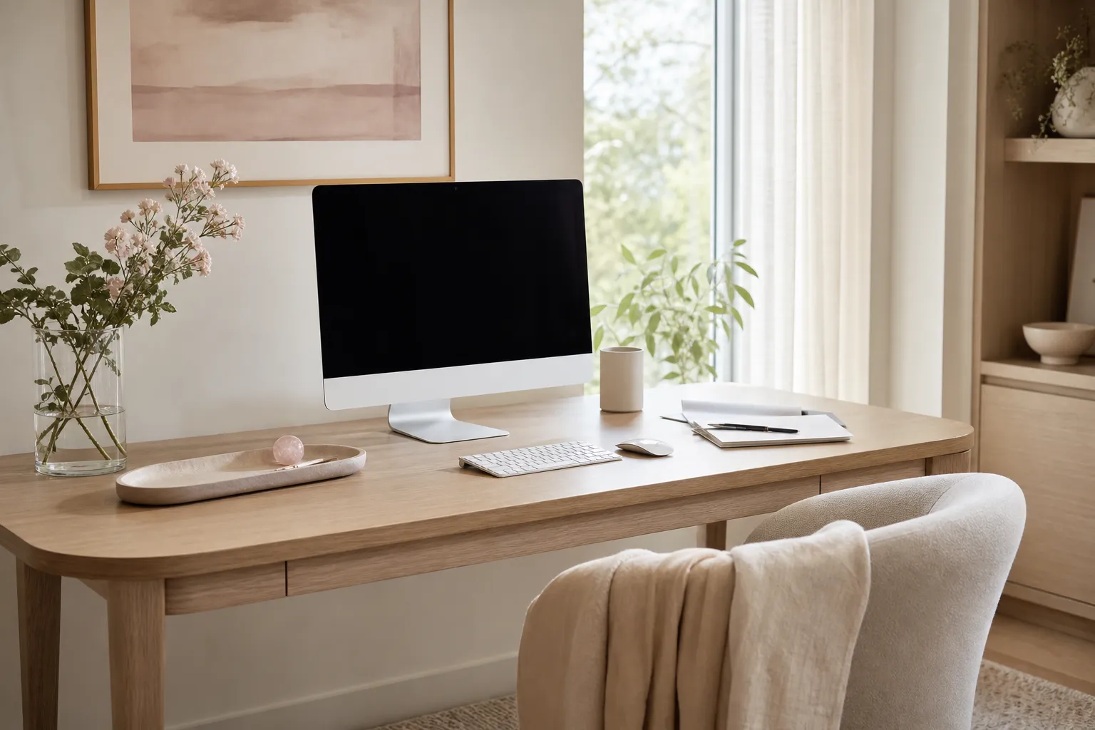 A calm home office sightline with softened desk shapes, breathing room, and restrained natural accents