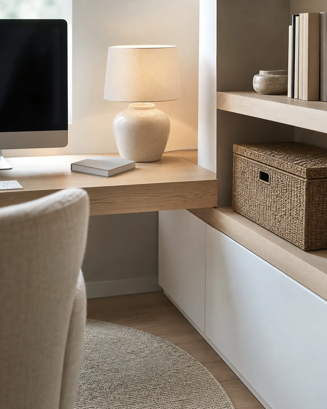 A home office corner and shelf softened with negative space, rounded lighting, natural texture, and practical storage