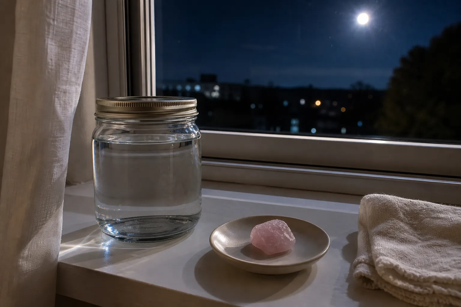 A sealed glass jar of plain water with rose quartz placed outside the container for an indirect moon water ritual