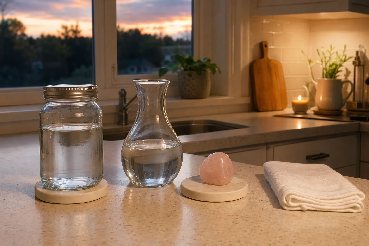 Clean ritual materials for rose quartz moon water arranged with plain water, a sealed jar, and the crystal kept separate