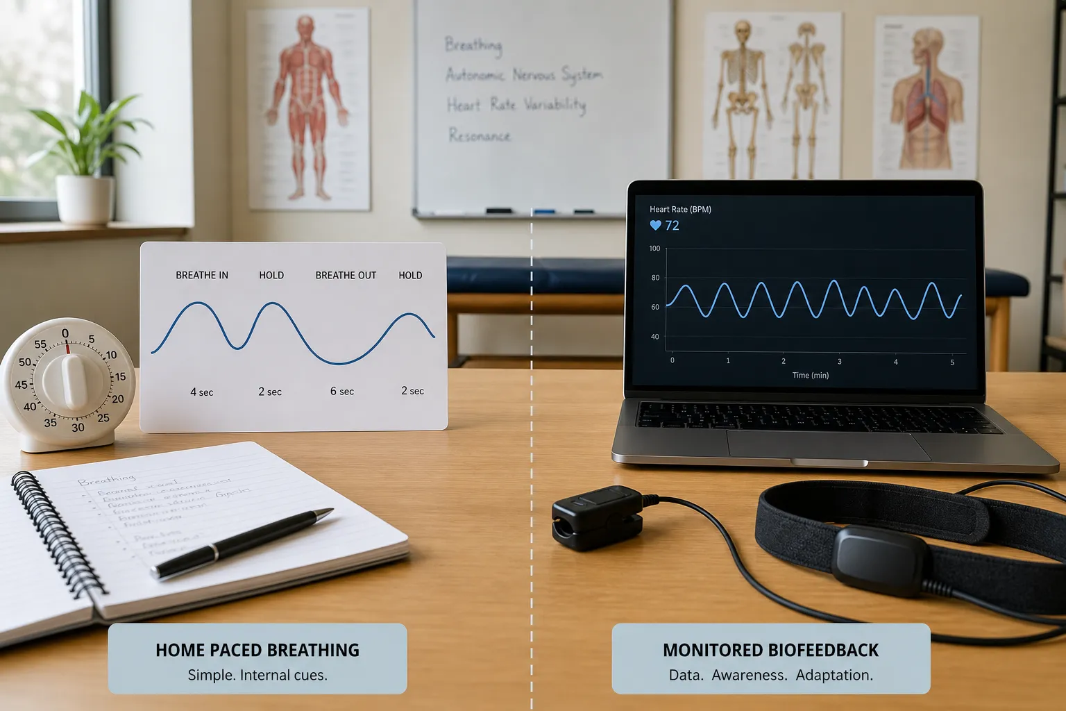 A careful visual comparison between simple paced breathing and monitored HRV biofeedback.