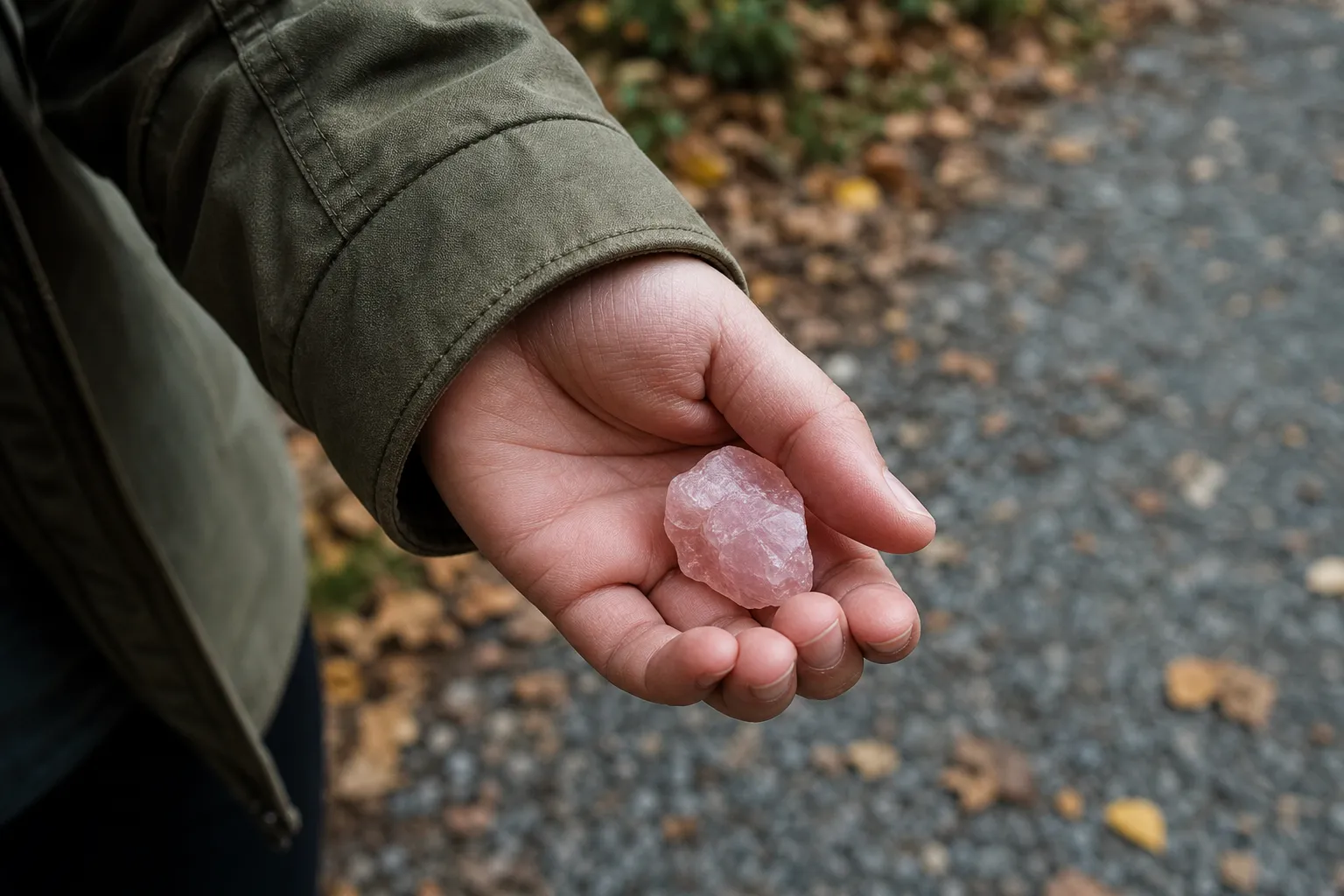 A small rose quartz piece used as a simple tactile reference during an observation walk