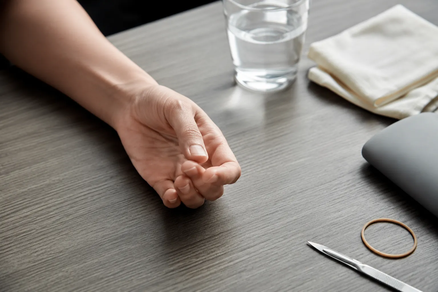 A workstation detail contrasting safe ordinary sensory contact with the boundary against painful or injuring coping at work