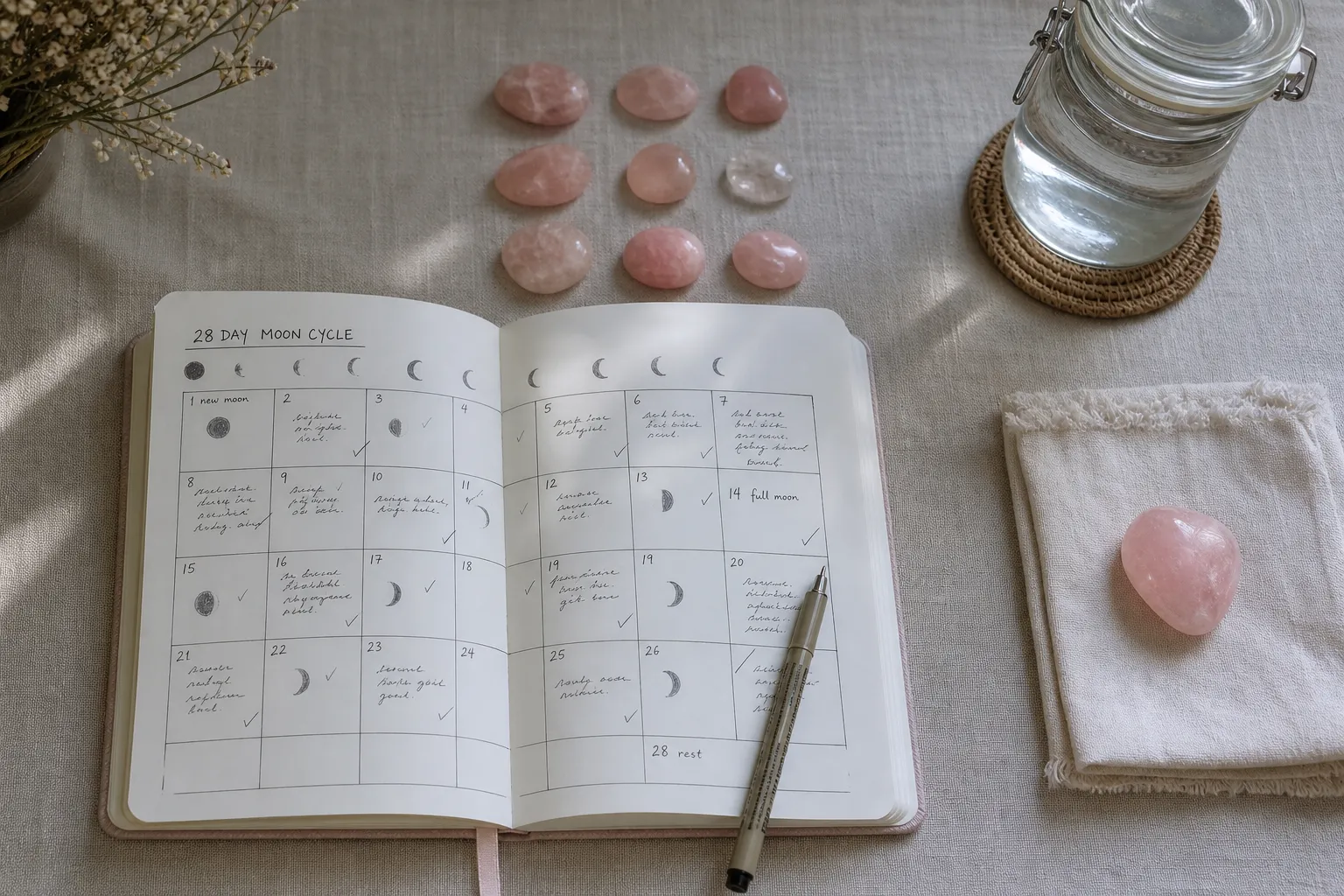 Rose quartz moon cycle plan with journal prompts, safe water boundary, and reflection notes