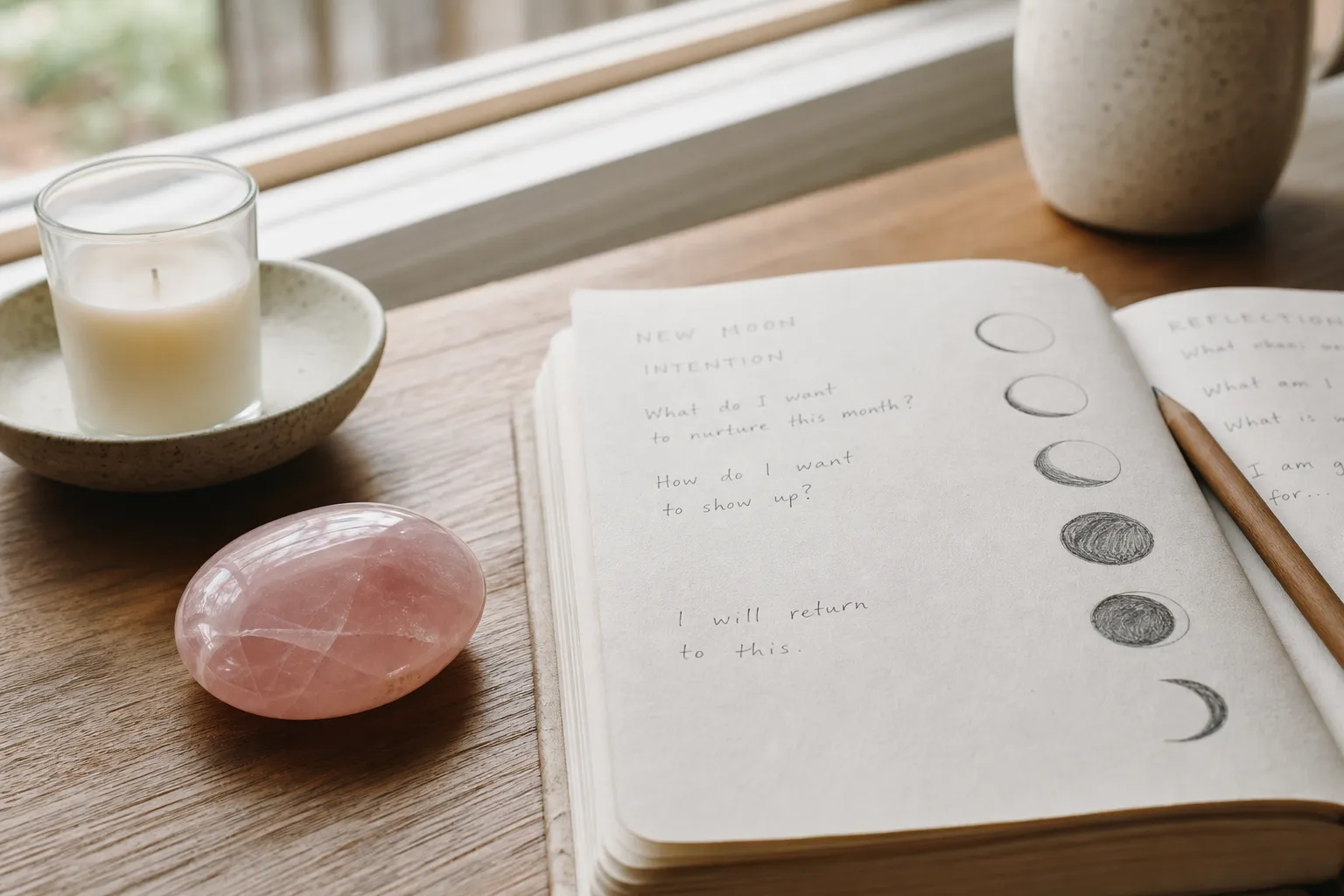 Rose quartz beside a moon phase ritual journal for intention setting and reflection