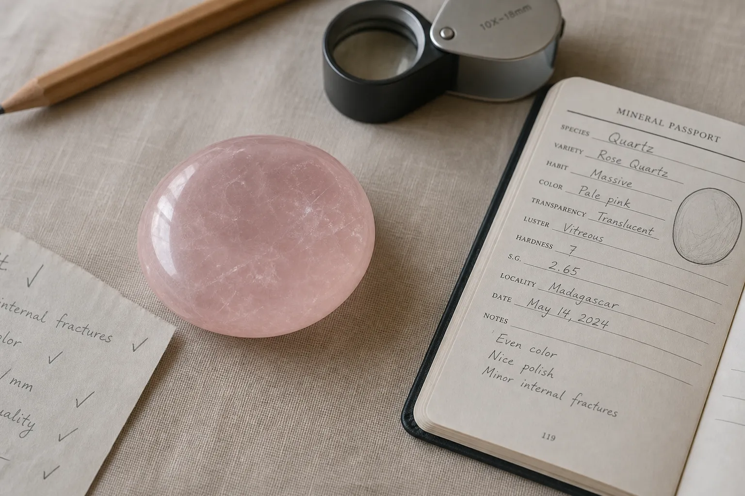 Rose quartz beside a passport-style mineral record before ritual use