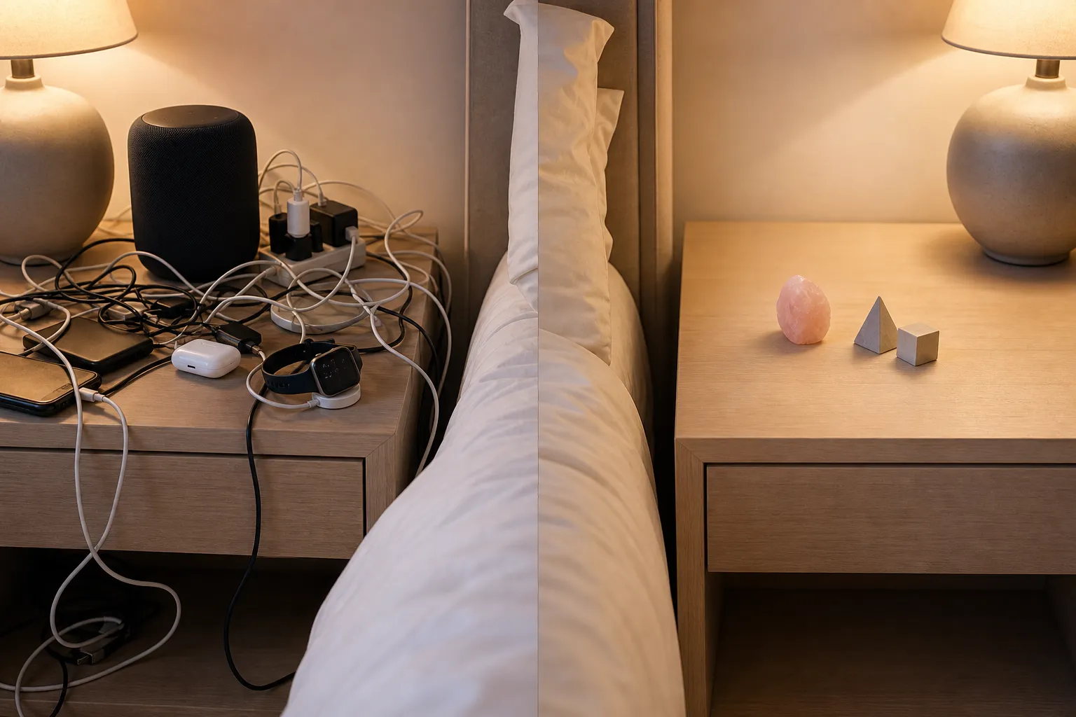 Nightstand comparison separating powered device clutter from a quiet symbolic rose quartz placement