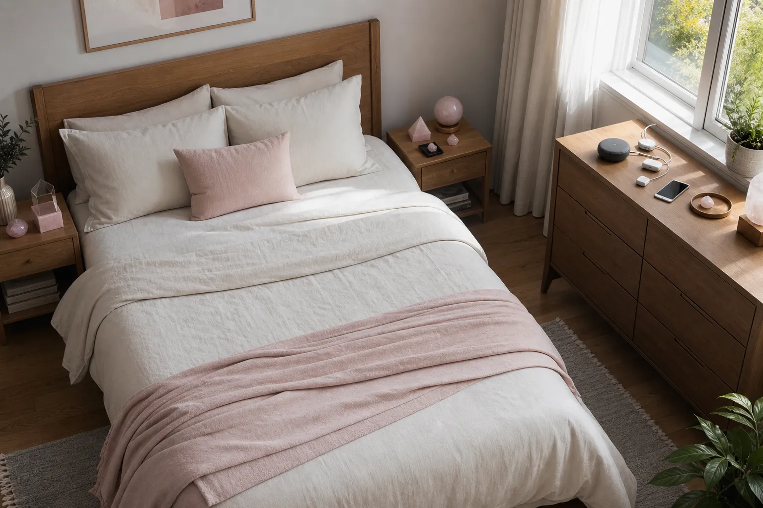 Bedroom layout showing active devices moved away from the bed before a small symbolic stone grid is placed