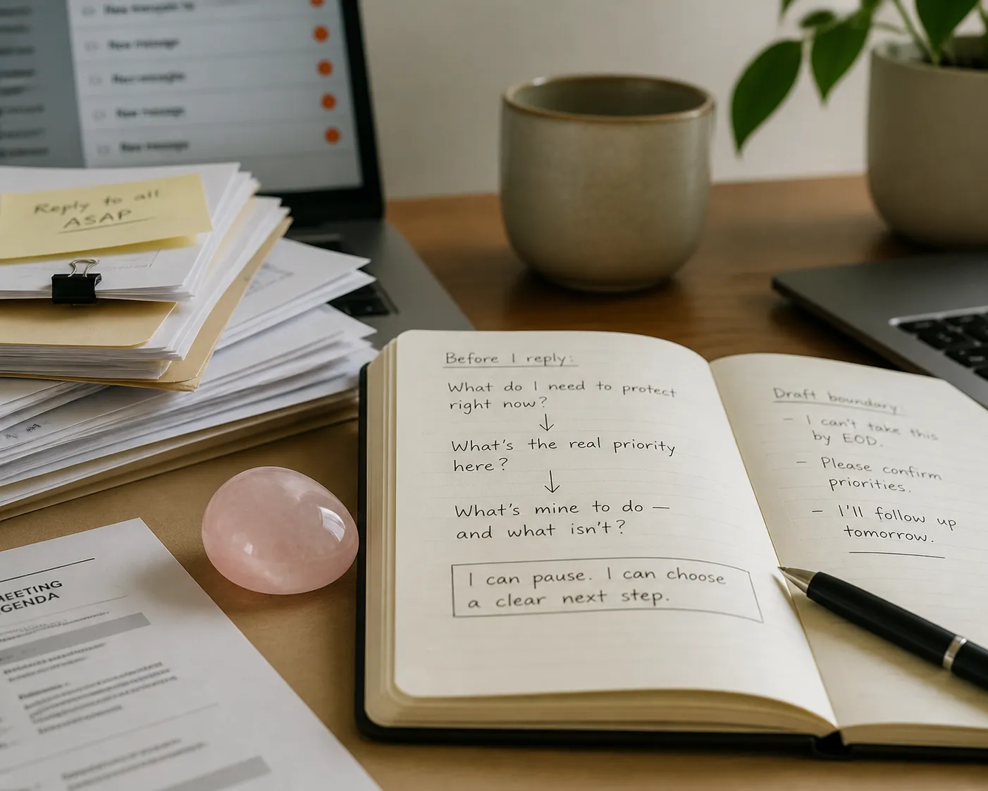 A rose quartz talisman near a notebook with workplace boundary notes, showing a symbolic reminder rather than a performance tool