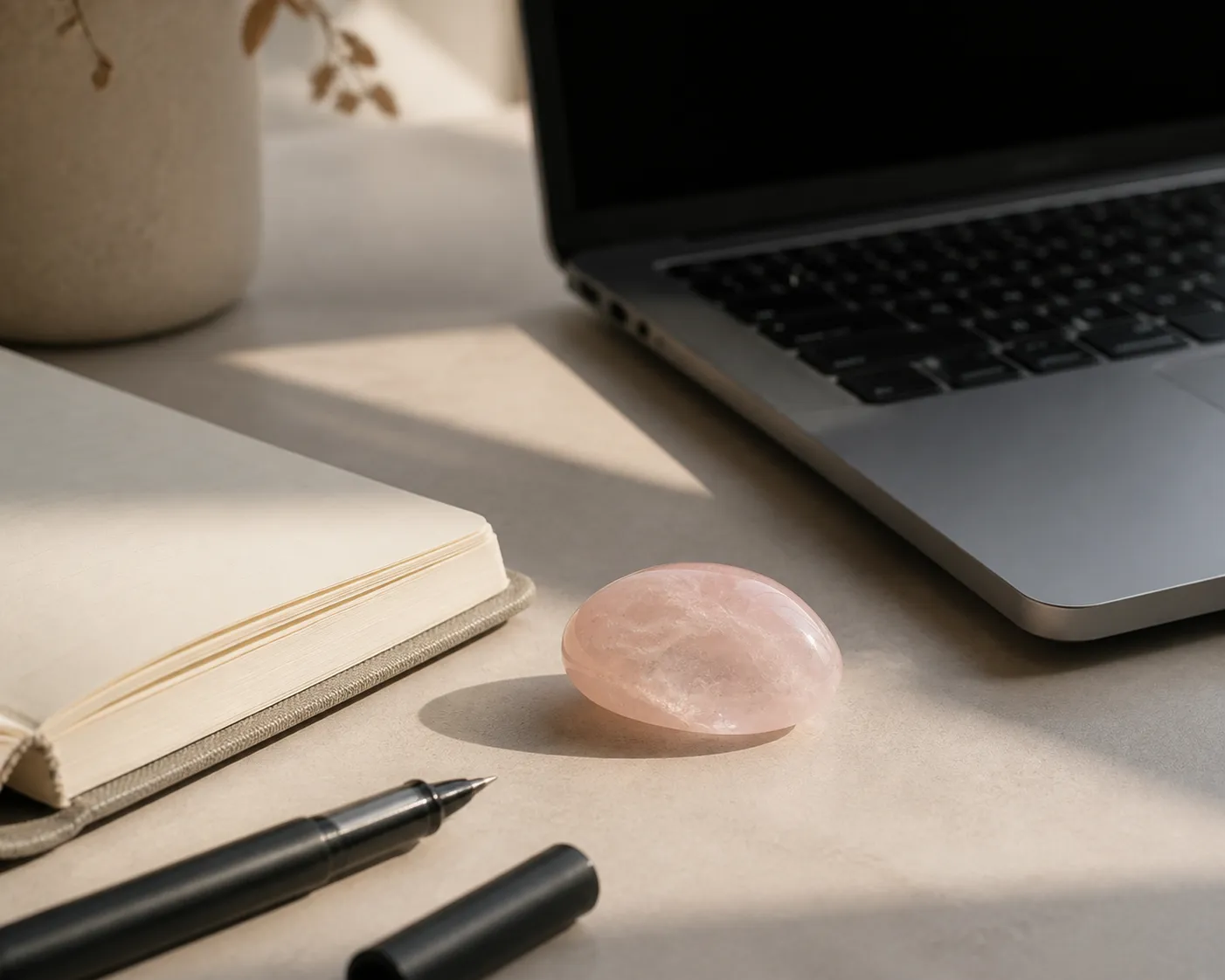A discreet rose quartz object beside a laptop and notebook as a private pause cue in a modern workplace
