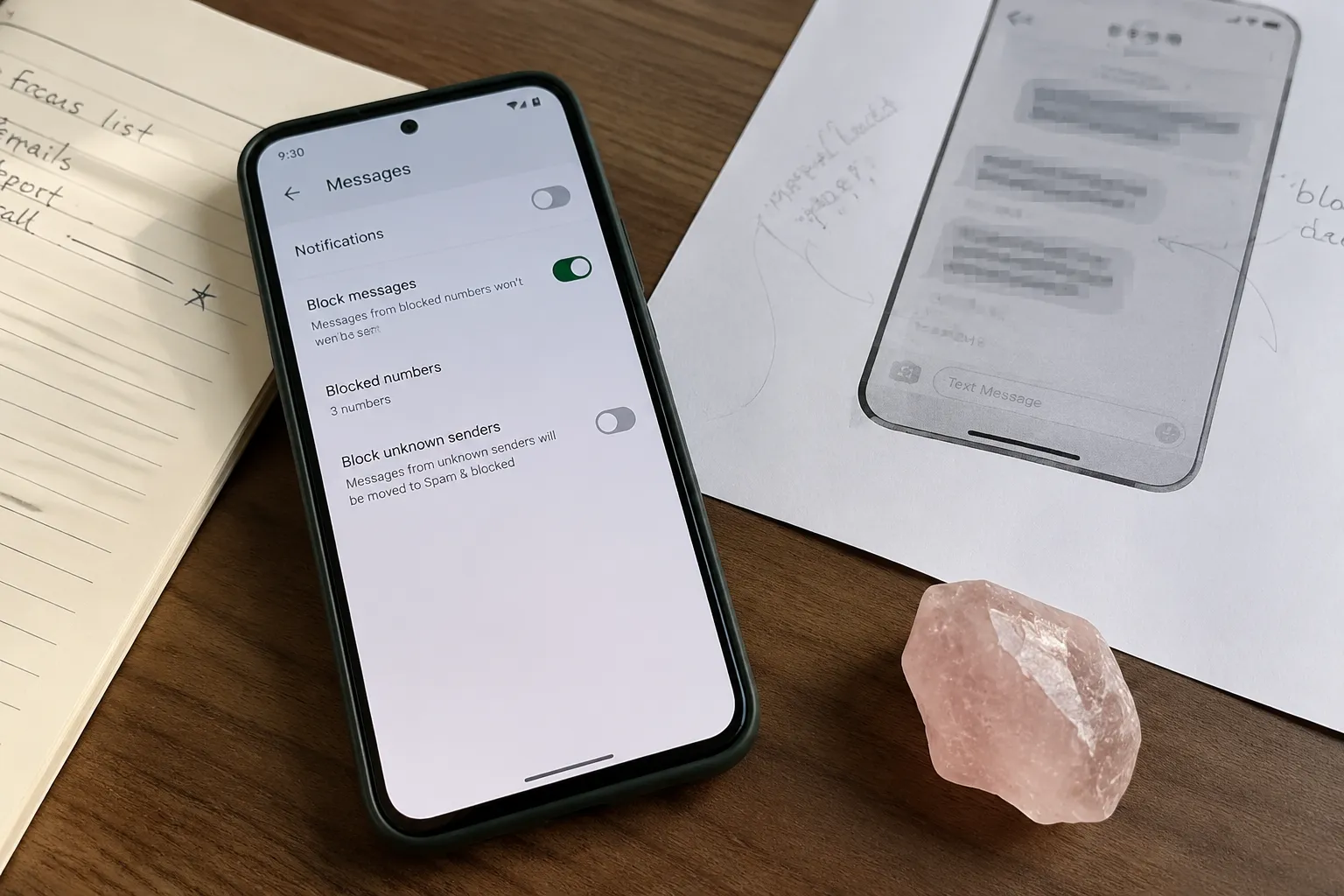 A phone with notification settings open beside handwritten notes and rose quartz after documenting an online conflict