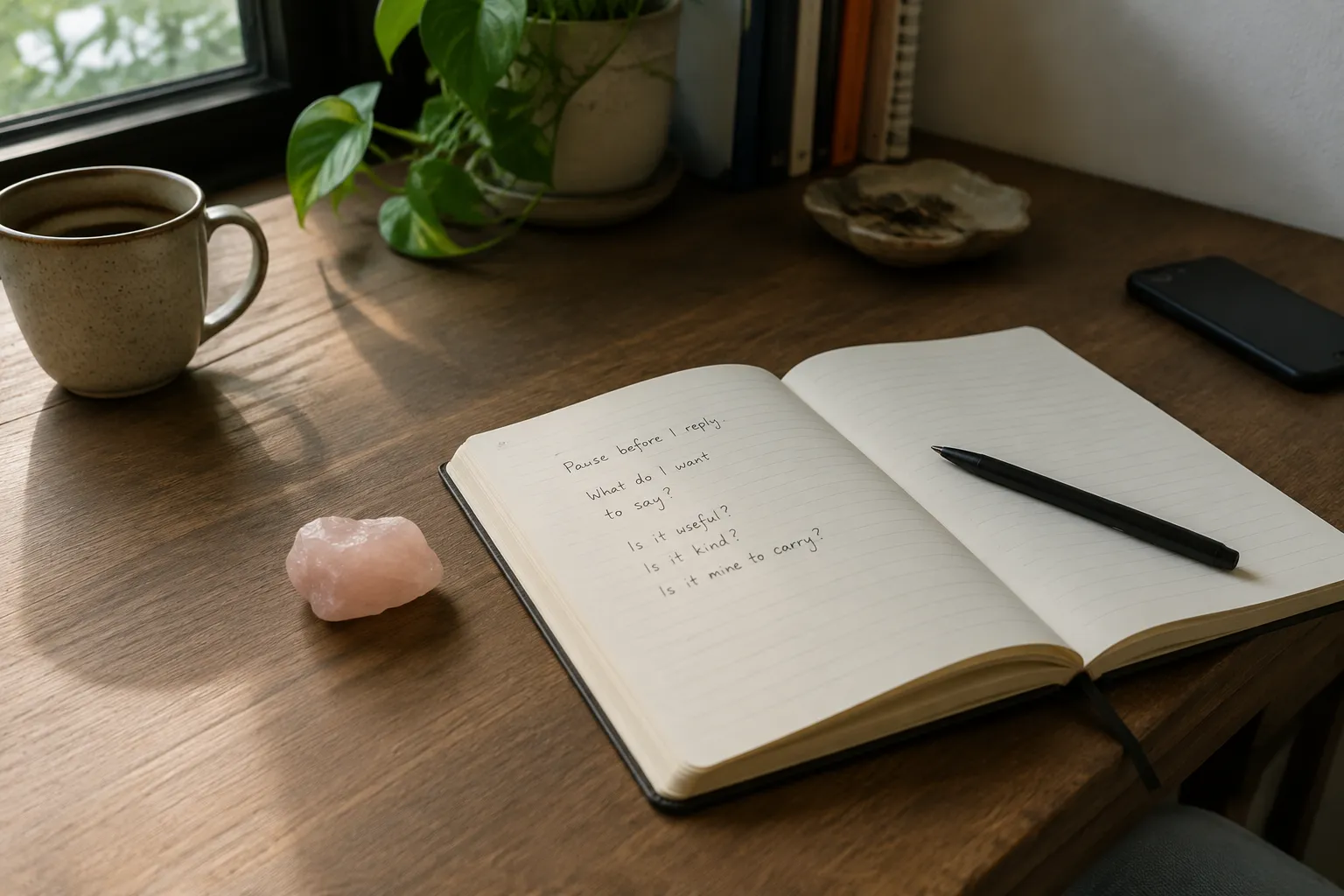 A quiet desk ritual with rose quartz, a notebook, and a phone set aside before responding to an online conflict