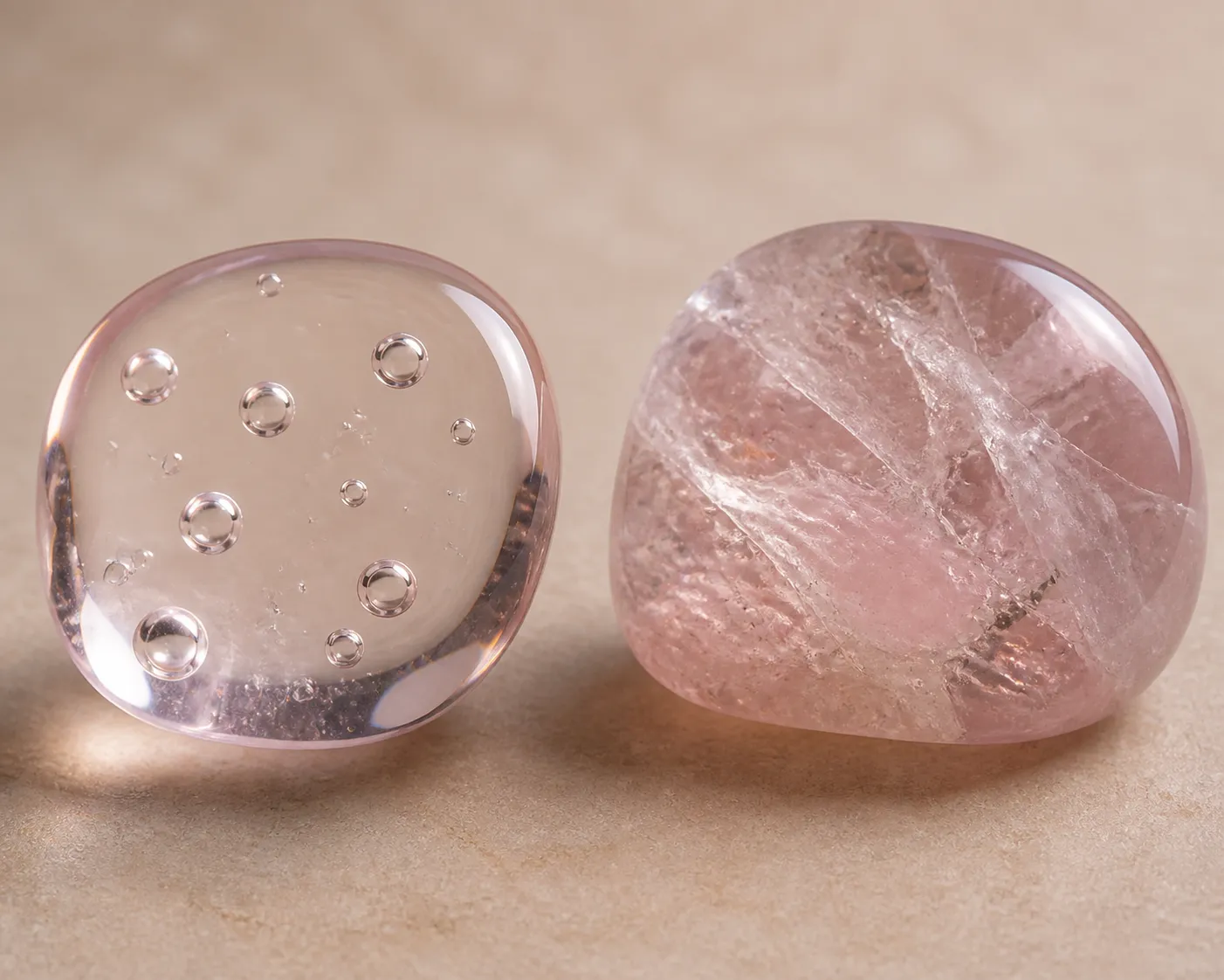Close comparison of suspicious round bubbles and irregular natural quartz inclusions inside quartz-like material