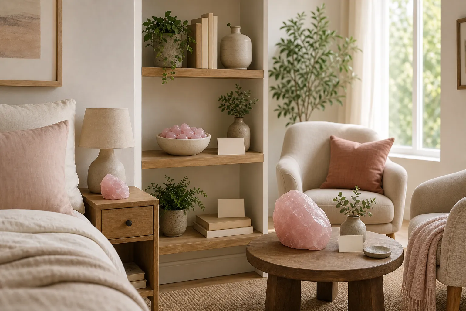 A rose quartz placement decision scene comparing a bedside accent, a quiet shelf, and a small living room conversation area