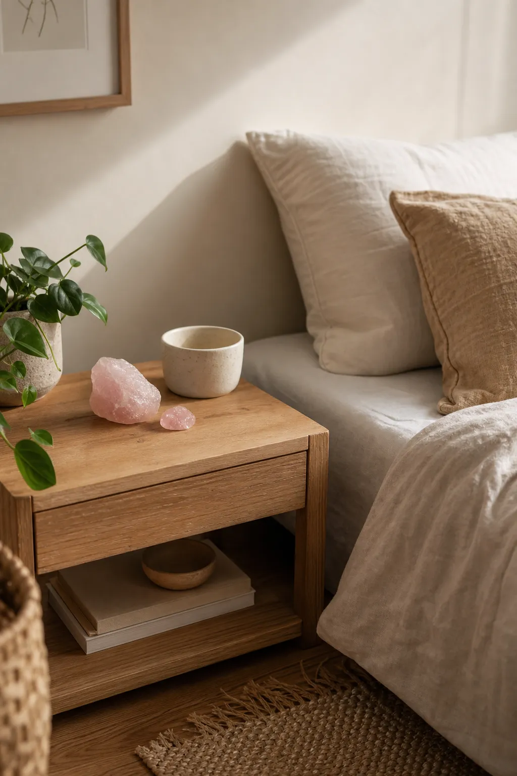A calm bedroom corner with rose quartz, low light, natural texture, and uncluttered surfaces arranged as symbolic design