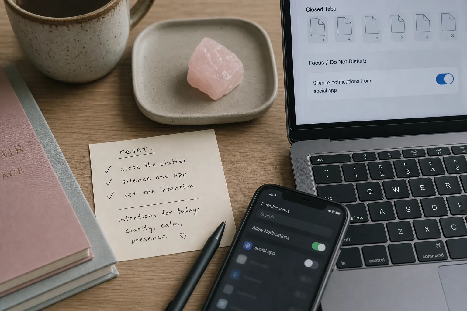 Small rose quartz ritual setup with tabs closed and notification settings nearby to show the difference between symbolic reset and technical claims