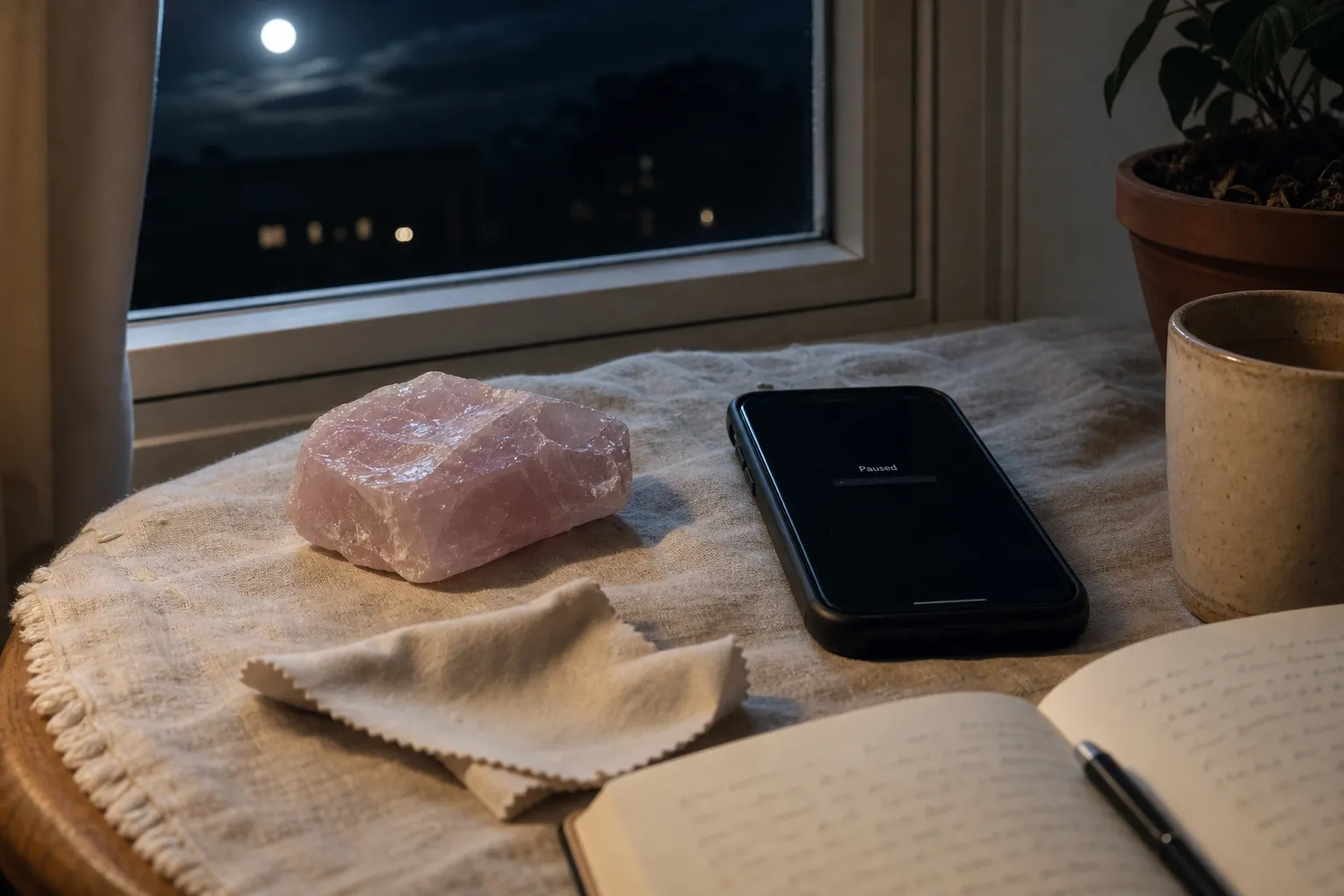 Rose quartz set near a quiet window beside a paused phone and notebook for a symbolic full moon digital reset