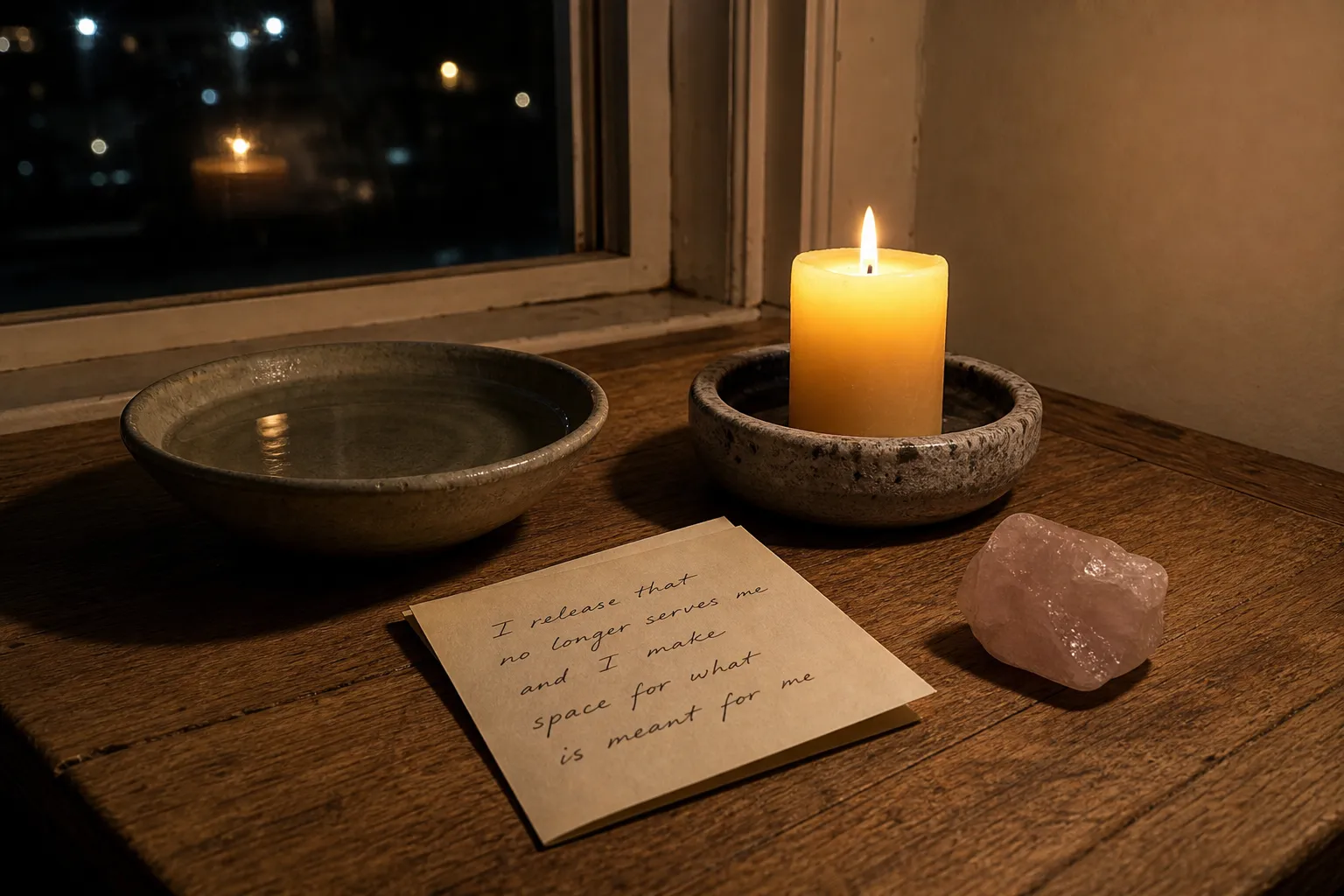 A cautious ritual setup with a bowl of water, folded note, candle, and rose quartz on a stable table