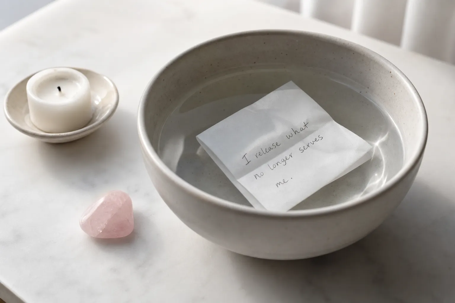 A folded paper note placed in a bowl of water as a fire-free release option