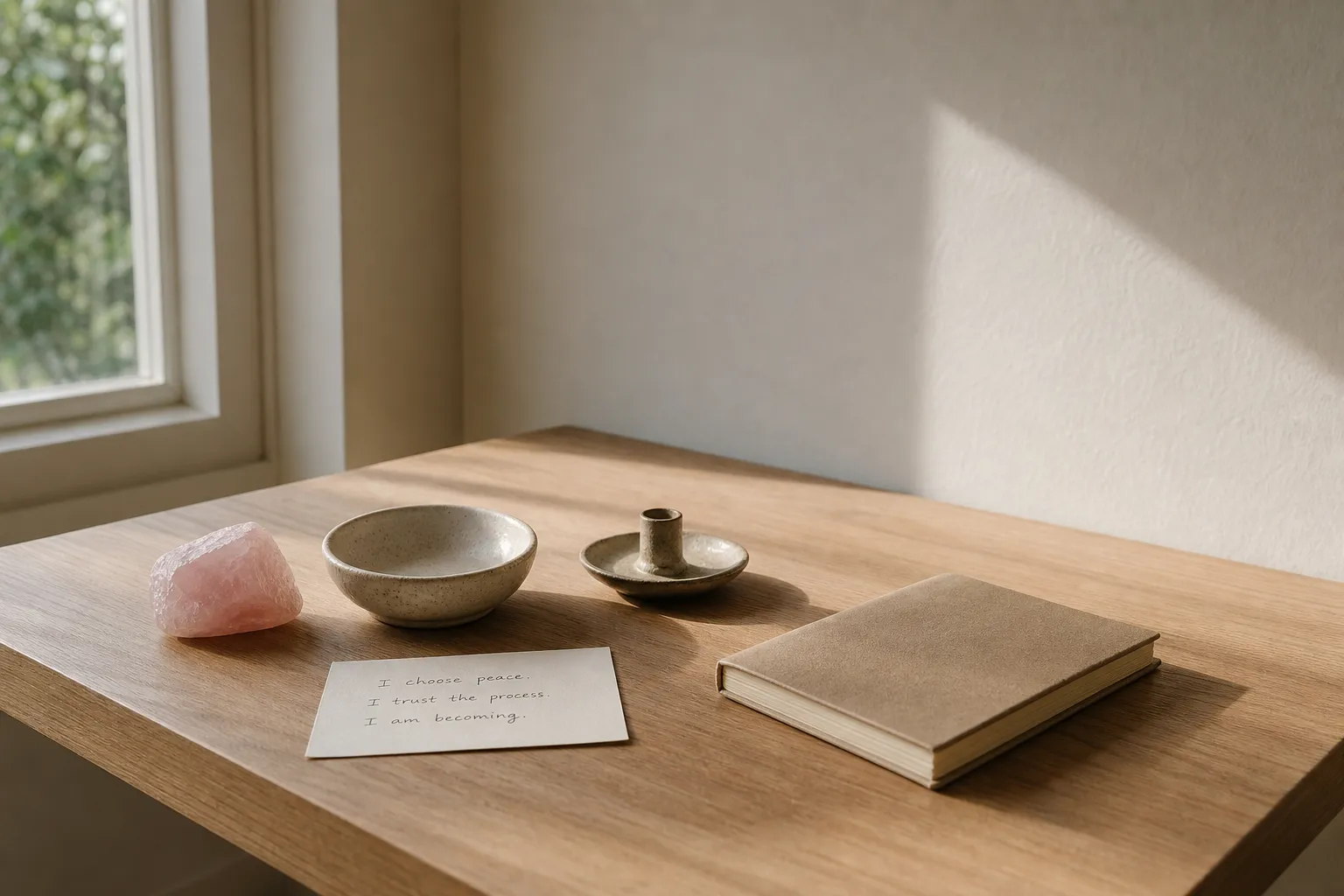 A quiet future self altar with a written intention, a grounding object, an action cue, and open space for change
