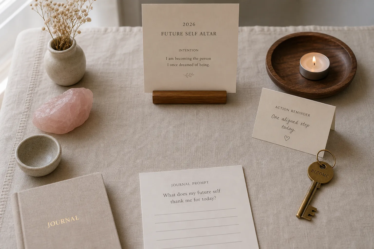 A simple altar layout showing a believable intention, grounding object, action cue, journal prompt, and open space