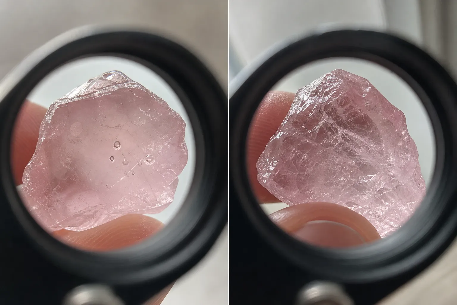 Magnified rose quartz showing rounded bubble-like marks compared with irregular cloudy veils