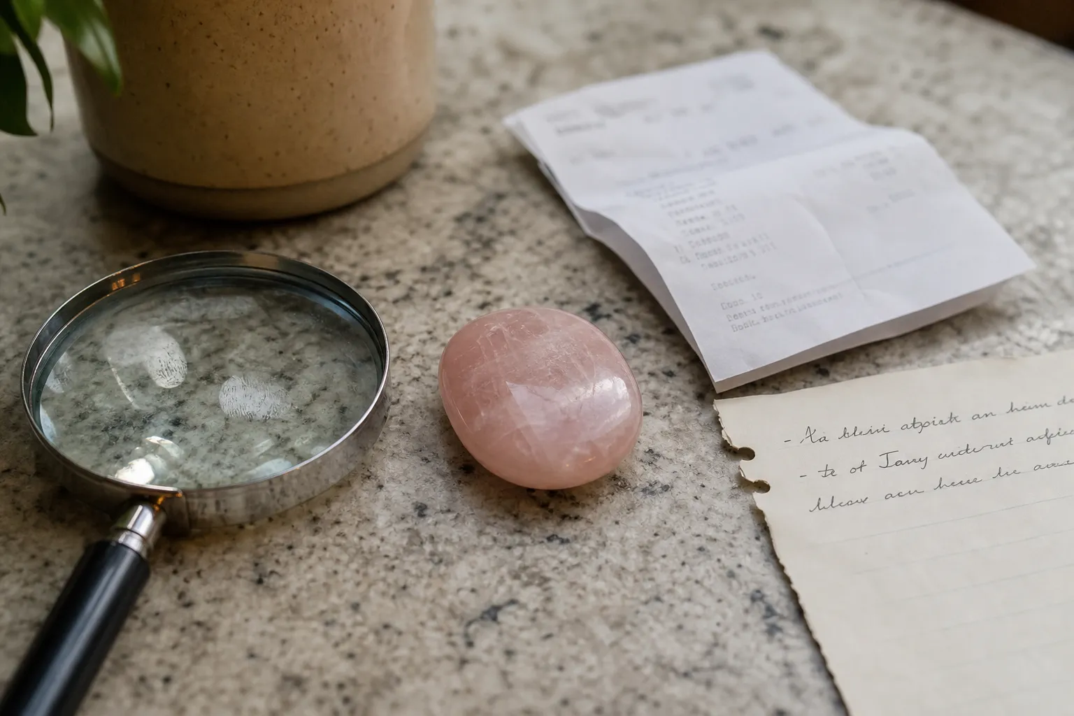 Rose quartz specimen with magnifying glass, seller note, and receipt arranged for later identification