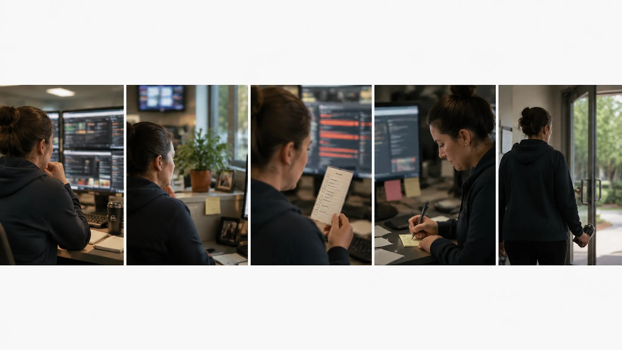 A grounded alert-work sequence showing breath before dashboards, sensory checks, protocol response, handoff notes, and an off-call reset
