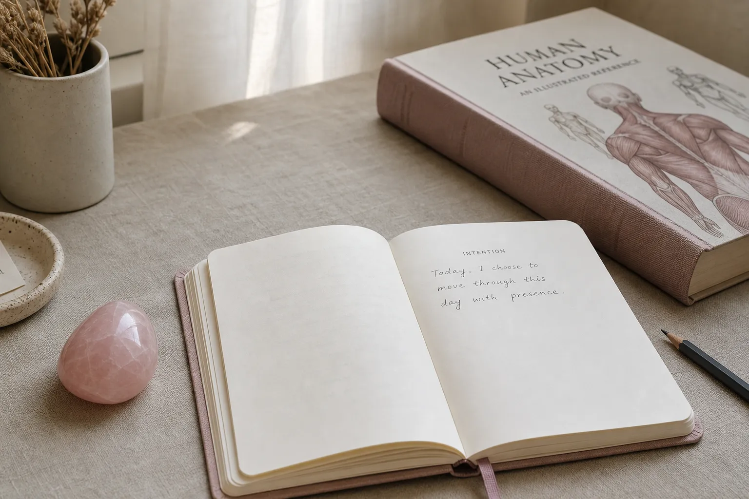 A piece of rose quartz beside a journal, showing the boundary between symbolic ritual and body-mechanism claims