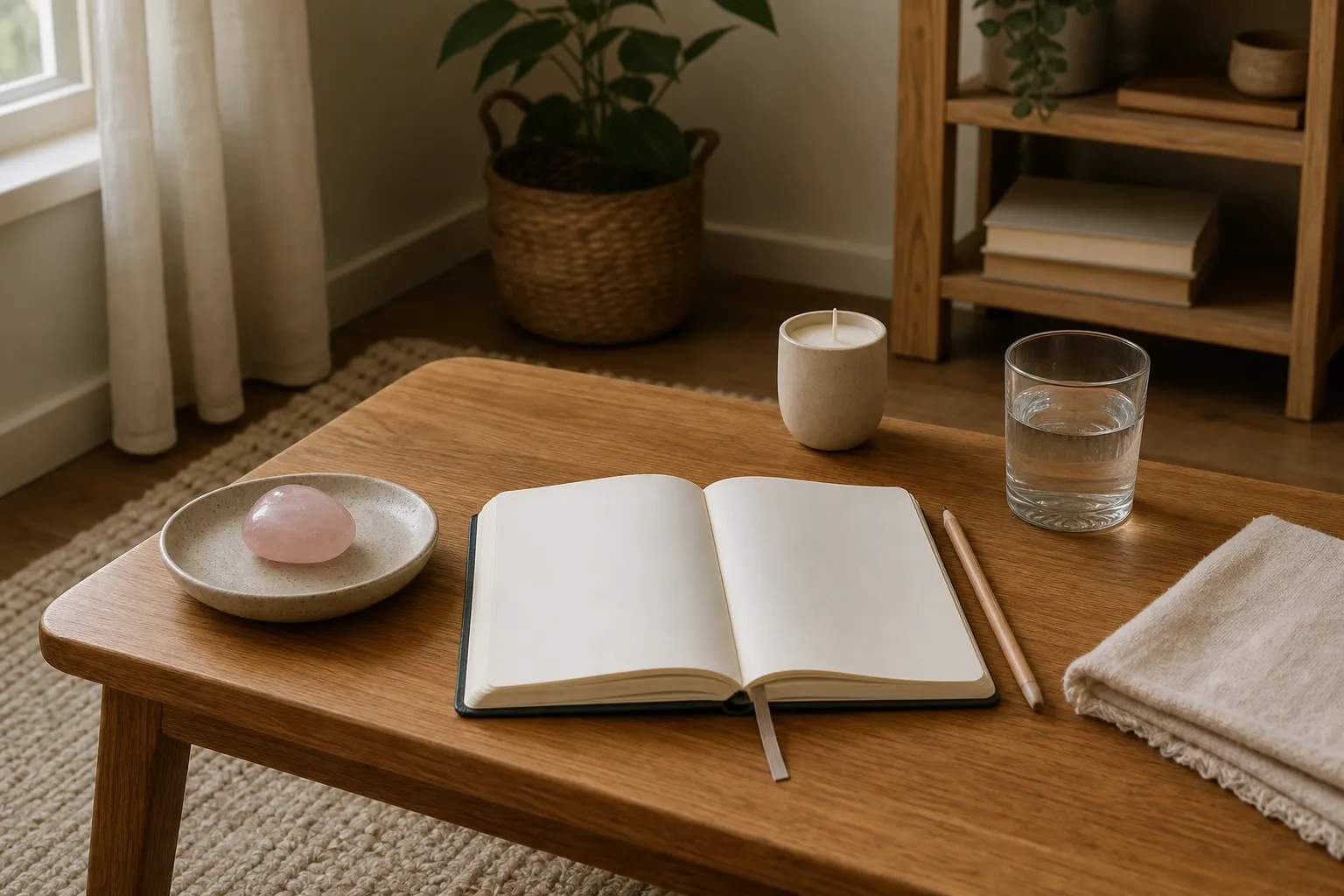 A quiet rose quartz ritual setting with a stone, journal, soft light, and no phone nearby