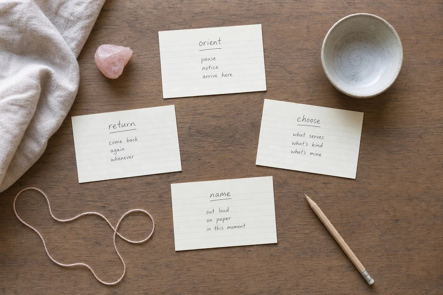 Rose quartz, loose string, and simple written boundary notes arranged to show orienting, choosing, naming, and returning