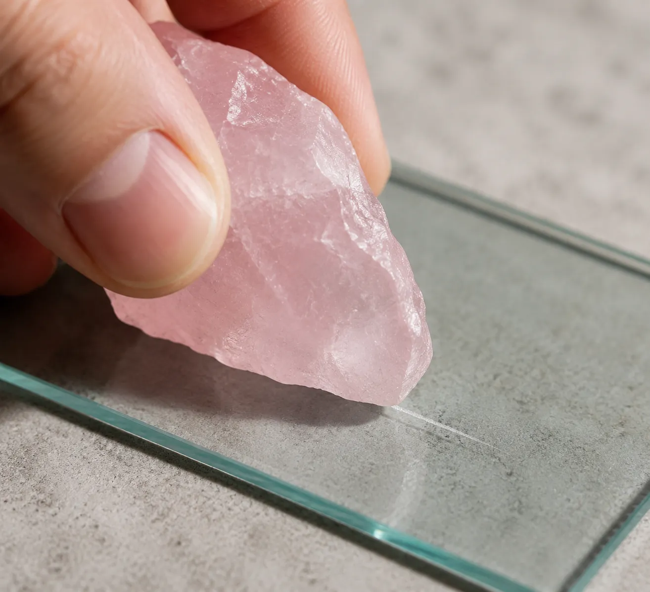A quartz edge being used carefully on scrap glass for a limited Mohs hardness check