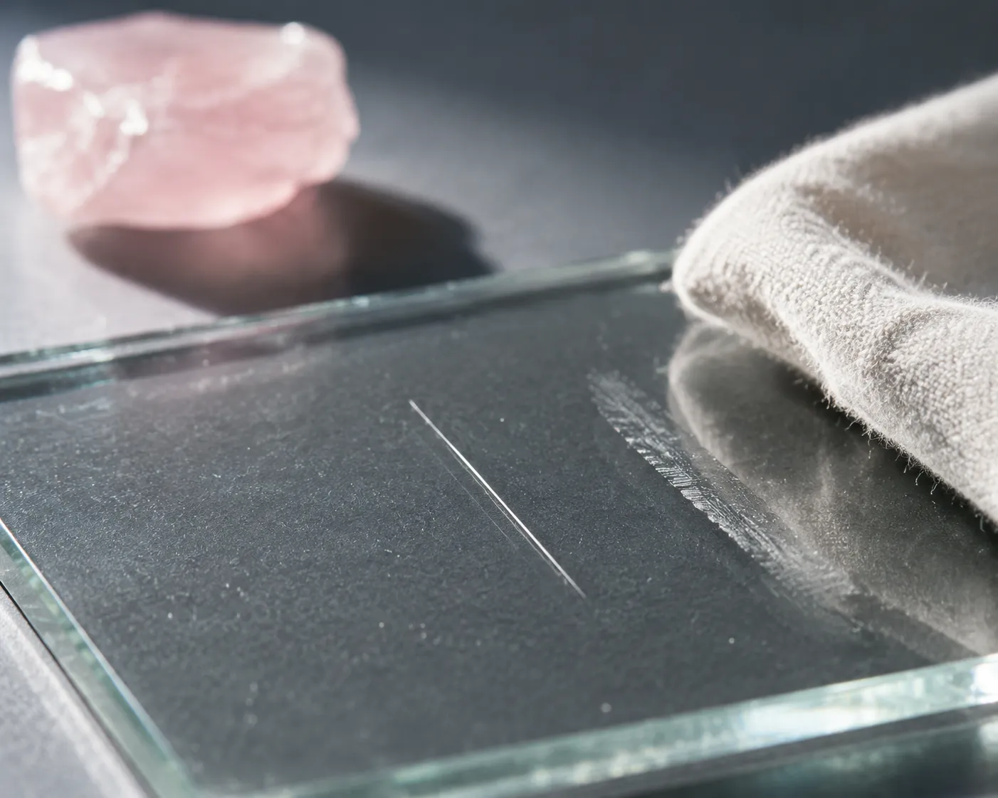 A wiped glass surface checked under angled light to distinguish a true scratch from residue