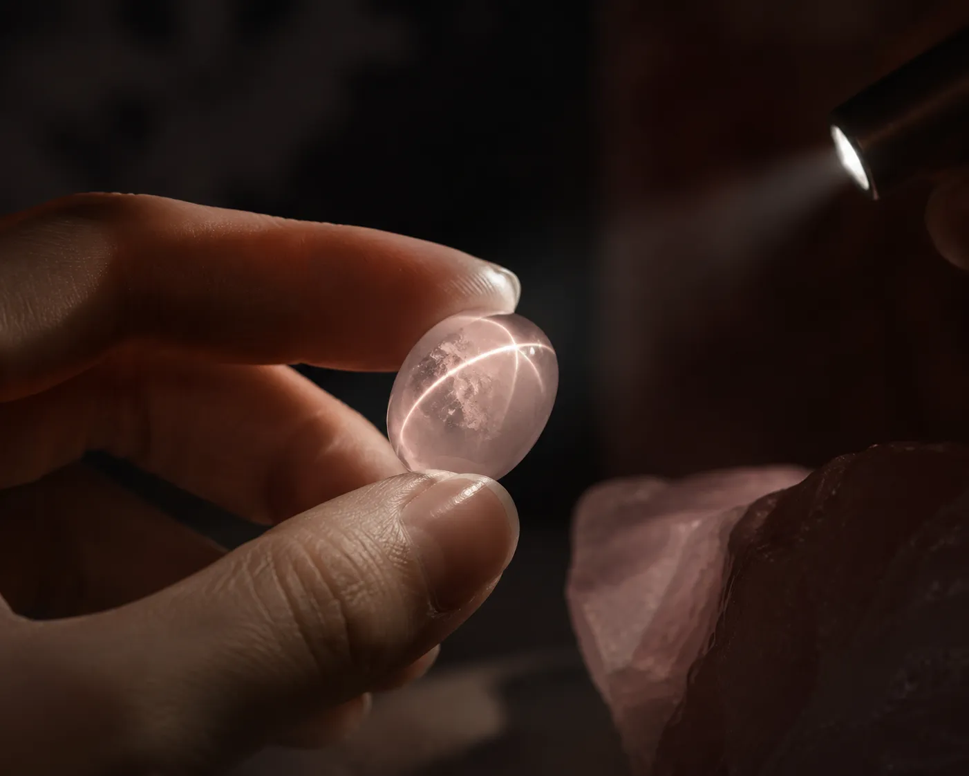 A claimed star quartz stone being checked with one small direct light source to see whether the star or band moves
