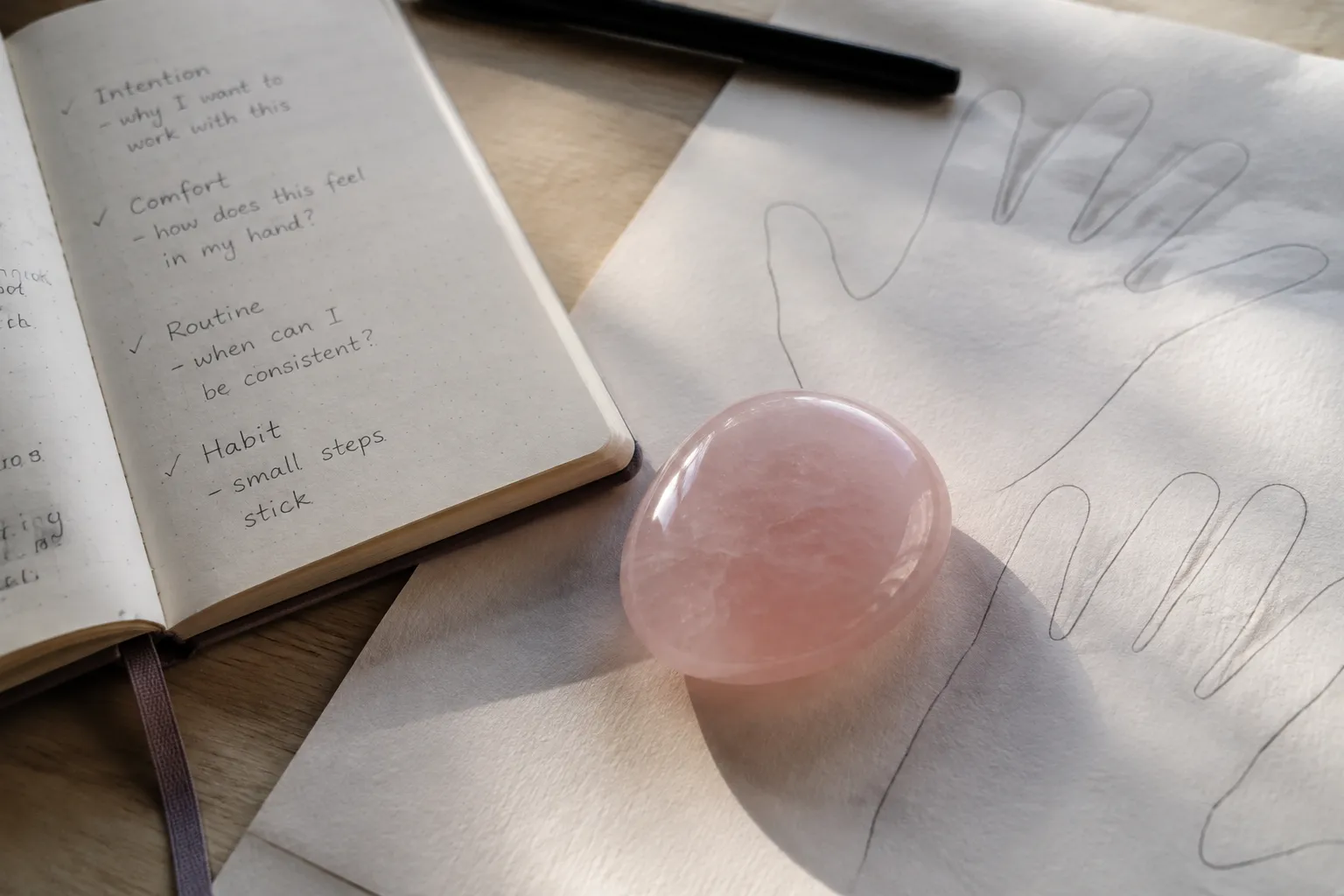 Rose quartz beside a journal and simple hand placement notes for intention comfort routine and habit
