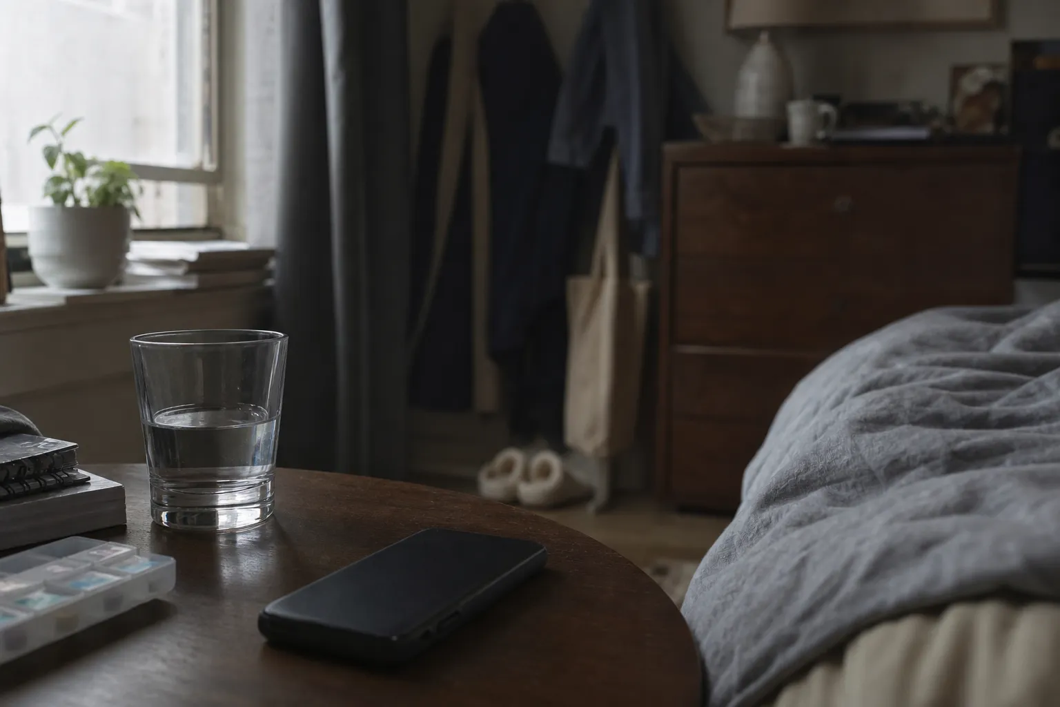 A phone turned face down beside a dim window, showing a morning reset adapted around immediate responsibilities and reduced sensory input