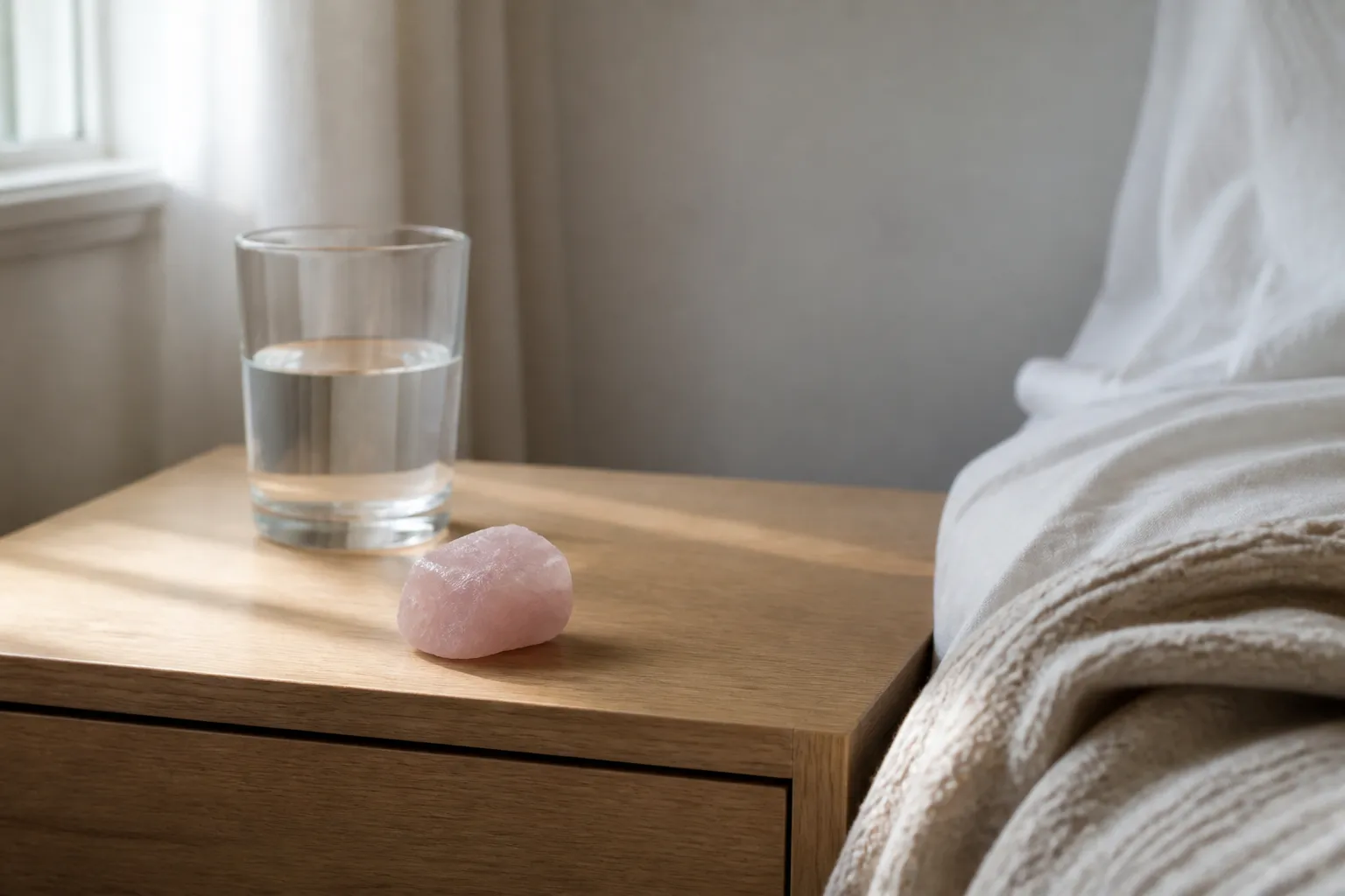 A quiet bedside surface with soft morning light, a glass of water, and a small rose quartz piece used as a neutral visual anchor