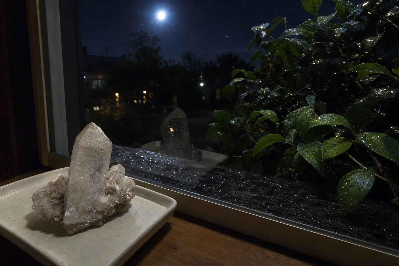 Quartz on a protected indoor tray contrasted with outdoor night moisture risk